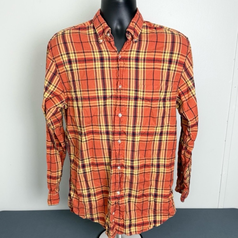GH Bass & Co Flannel Shirt Mens Small Orange Plaid Long Sleeve Cotton